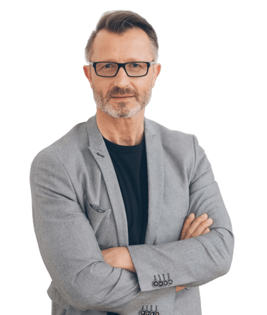 male receptionist in grey coat